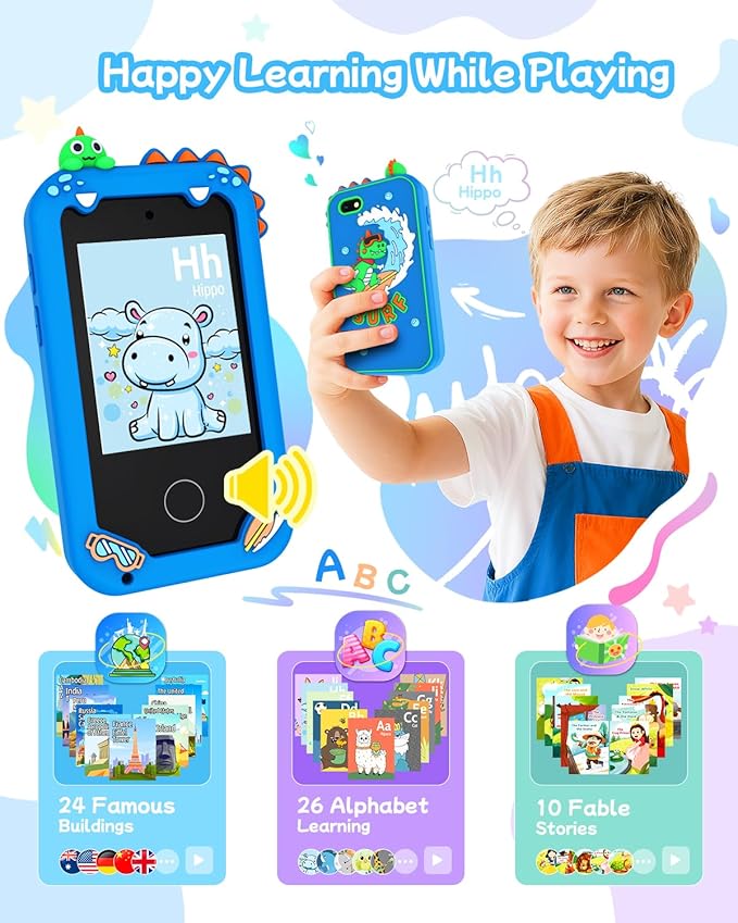 Kids Smart Phone Toy for Boys, Touchscreen Learning Toy Phone for Kids Ages 3-8, Educational Pretend Phone with Dual Camera, Music, Games, ABC Learning & Habit Reminder, Boys Birthday