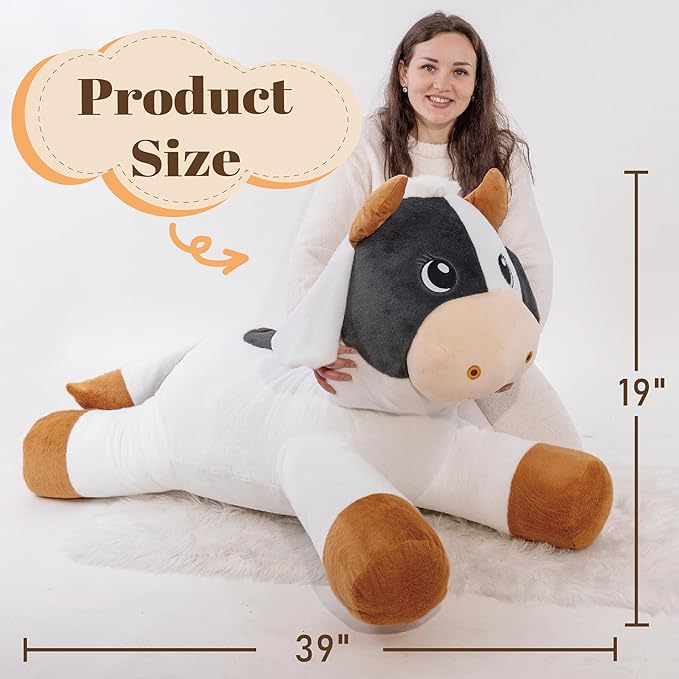 Giant Cow Stuffed Animals, Big Stuffed Cow Plush Toys, Jumbo Plushies Toy 39", Soft Large Farm Stuffed Animals Gifts for Kids Boys Girls on Birthday Children's Day Christmas