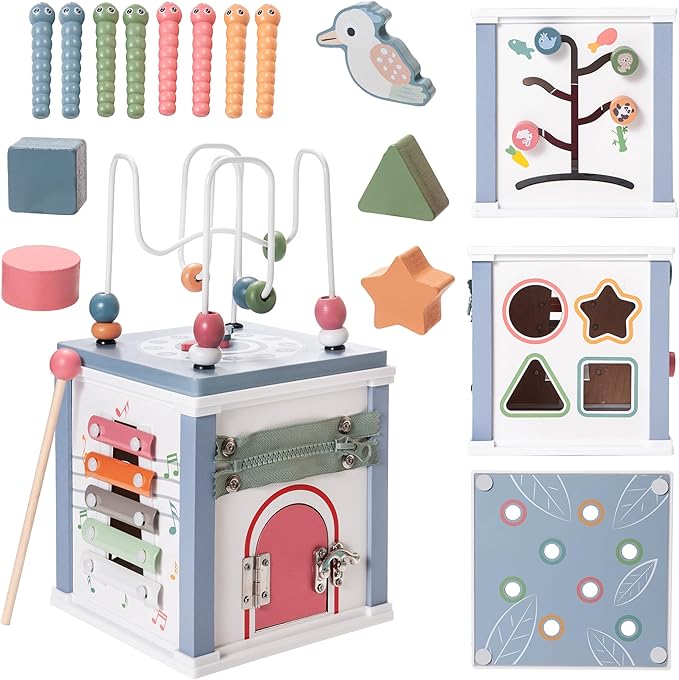 Donmills Wooden Activity Cube Toddler Montessori Toys, Baby Activity Cube with Bead Maze, Shape Sorter Toy, Bonus Sorting & Stacking Board, Learning & Education Toys Birthday Gift for Boys and Girls