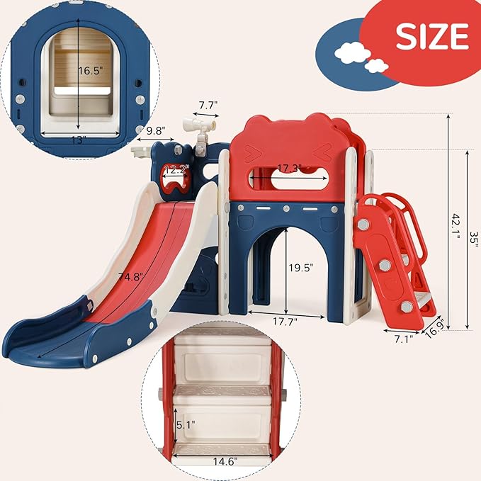 Arlopu 8 in 1 Toddler Slide Playset for Kids, Indoor Outdoor Baby Slide with Basketball Hoop, Telescope & Storage Space, Kids Playground Climber with Enclosed Steps (Red Blue)