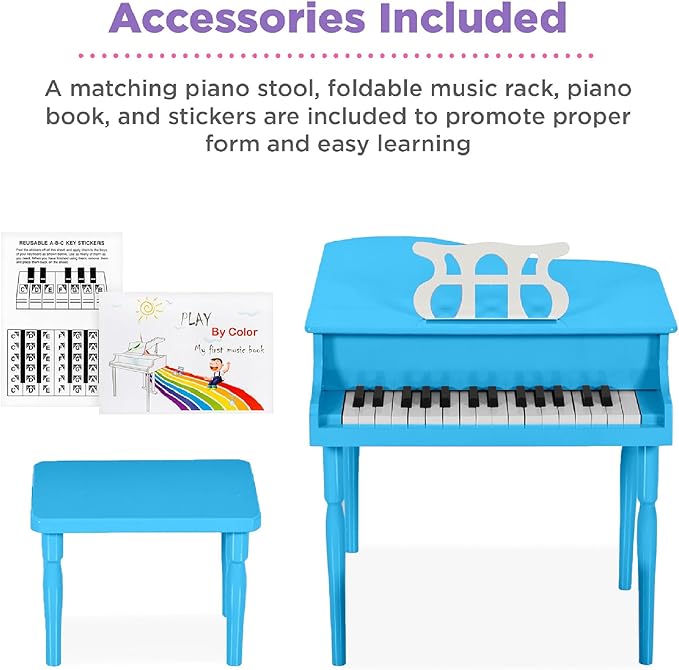 Best Choice Products Kids Classic Wooden 30-Key Mini Grand Piano Musical Instrument Toy w/ Piano Lid, Bench, Foldable Music Rack, Song Book, Note Stickers, Enamel Finish - Light Blue