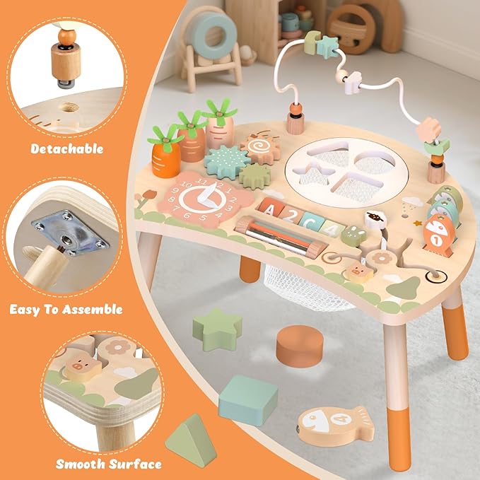 Activity Table for 1+ Year Old, 9-in-1 Wooden Montessori Toy Activity Center with Shape Sorter Fishing Game Bead Maze, Baby Play Table Sensory Educational Toys for Toddler