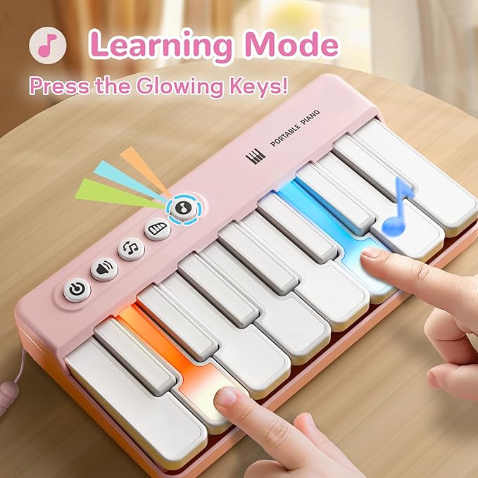 iPlay, iLearn Kids Mini Piano Toy W/Rainbow Lights, Toddler Pocket Travel Piano Keyboard for 1-3, Portable Musical Instrument Toys, Music Interactive Birthday Gift 2 4 5 6 Year Old Boy Girl Child-Pink