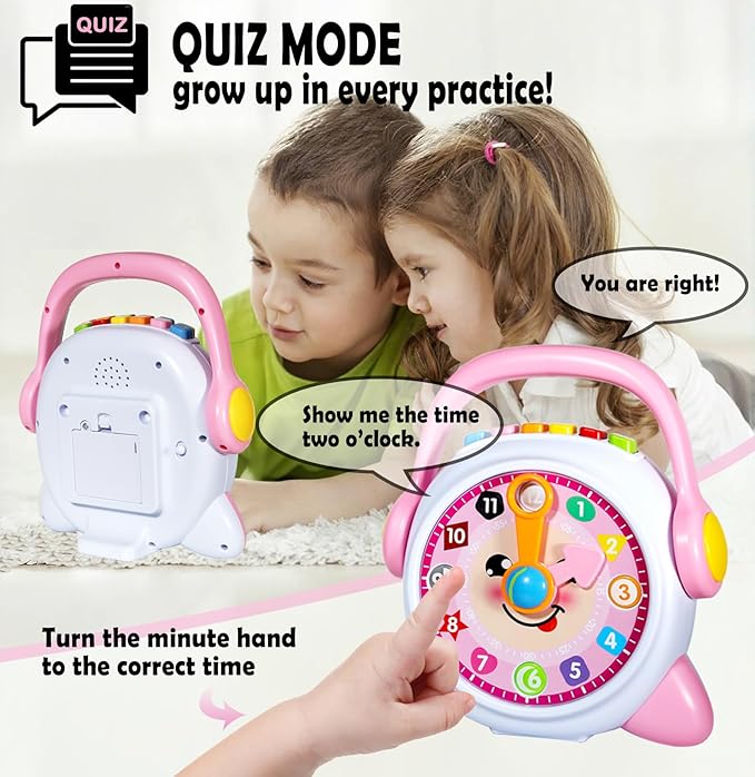 Learning Clock, Learn to Tell Time Clock for Kids & Toddlers Ages 3, 4, 5, 6 Years Old, Educational Teaching Clock Toy with Quiz and Music Sleep Mode, Boy Girl Birthday Present (Pink)