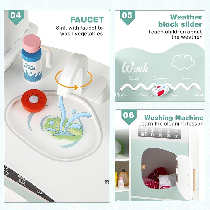 INFANS Corner Kids Kitchen Playset, Toddler Wooden Pretend Cooking Set with Lights Sounds Coffee Machine Washing Machine, Stove Removable Sink Storage Cabinet, Simulation Play Kitchen Toy (Blue)