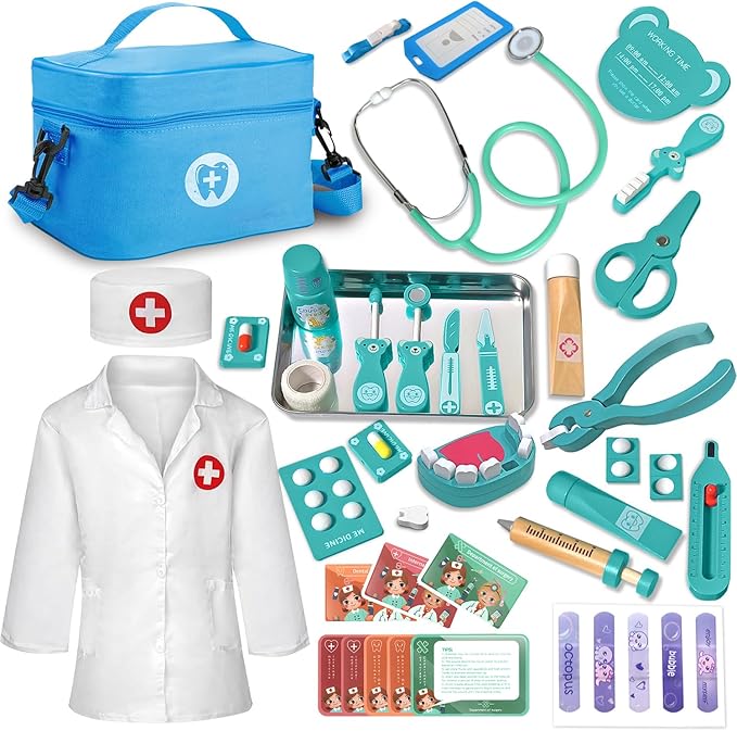Doctor Kit for Toddlers 3-5, Wooden Kids Dentist Play Set, Doctor Play Set Pretend Play Toys for Toddlers , Realistic Wooden Medical Kit Role Play Set, Gifts for Boys Girls 3+ Years