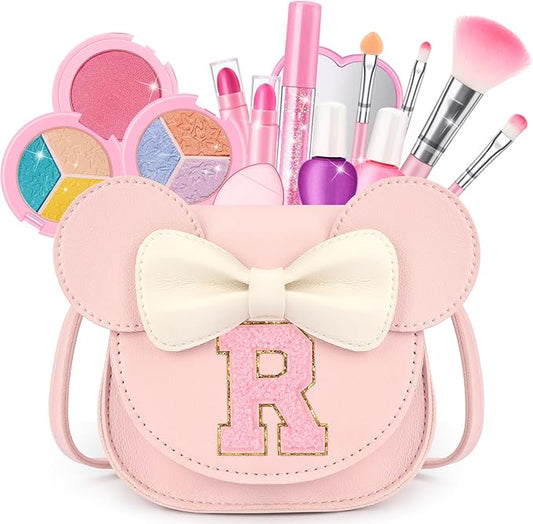 Kids Makeup Kit for Girls - 15 Pcs Real Washable Make Up Set - Non Toxic Toddlers Cosmetic with Letter Mouse Ear Purse - Dress up Birthday Gifts for 3 4 5 6 7 8 Years Old Girls - R