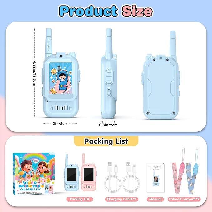 Video Walkie Talkies for Kids, 2 Pack Facetime Walkie Talkies with HD Camera & Voice Changer for Boys Girls for Family Games, Indoor, Outside, Hiking Christmas Birthday Toys Gift Ages 3-12 (Blue+Pink)