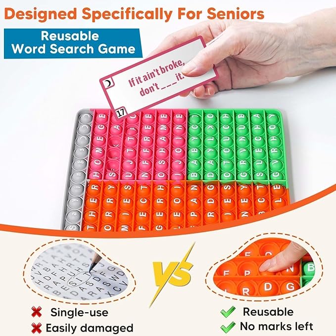 Dementia Word Search Activities for Seniors, Multi-Sensory Brain Training Games for Adults, w/Bubble Board + Word & Proverb Cards, Supporting Memory and Focus, Gifts for Elderly Women & Men