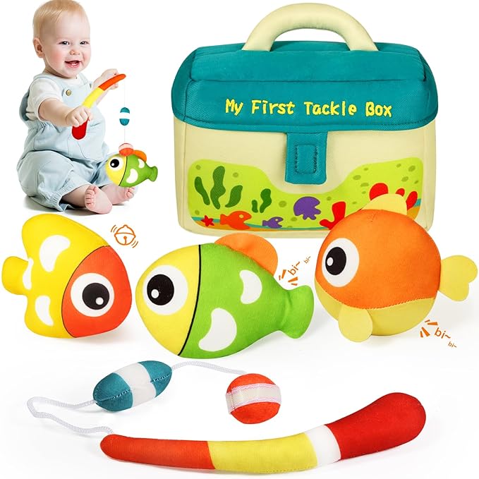 KMUYSL Baby Toys 0-3-6-9-12 Months, My First Tackle Box Plush Toys -4 Pcs Sensory Playset Soft Toys with Squeaker Crinkle for 0-12 Months Newborn Infant, Birthday for Boys Girls