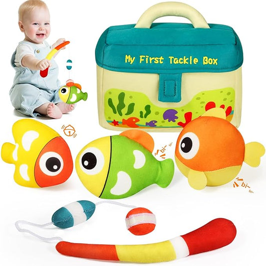 KMUYSL Baby Toys 0-3-6-9-12 Months, My First Tackle Box Plush Toys -4 Pcs Sensory Playset Soft Toys with Squeaker Crinkle for 0-12 Months Newborn Infant, Birthday for Boys Girls