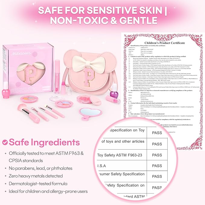 Kids Makeup Kit for Girls - 15 Pcs Real Washable Make Up Set - Non Toxic Toddlers Cosmetic with Letter Mouse Ear Purse - Dress up Birthday Gifts for 3 4 5 6 7 8 Years Old Girls - P