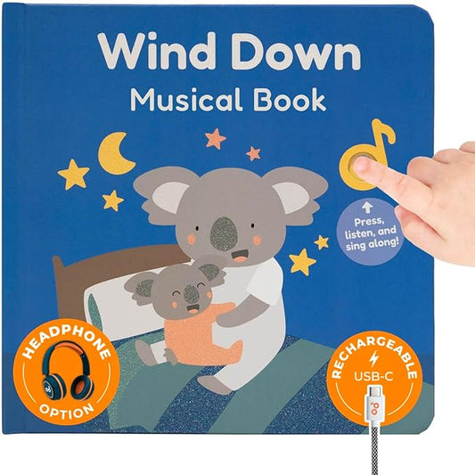 Cali’s Books Wind Down – USB-C Rechargeable Baby Book for Toddlers 1-3, Headphone Jack, Expert-Designed Bedtime Musical Book with Gentle Activities and Affirmations for a Calming Nightly Routine