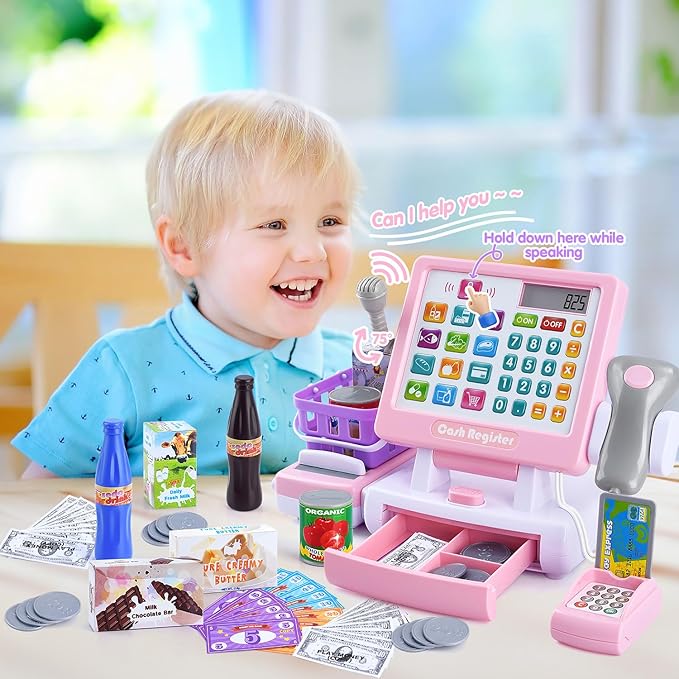 PLAY Kids Cash Register Toy - Pretend Play Calculator Register Toys with Microphone/Conveyors/Play Money/Scanner/Credit Card/Cans/Drink, 3+ Toddler Develops Early Math Skills Learning Toys