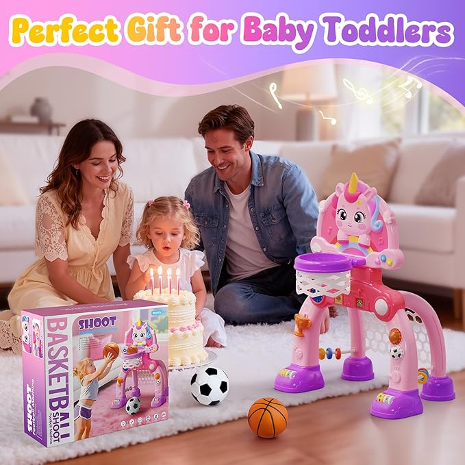 Toddler Basketball Hoop & Soccer Goal Activity Center, Unicorn Toddlers Musical Toys with Light Music, Baby Toddlers Christmas Birthday Present Gifts for 1 2 3 Year Old Girls
