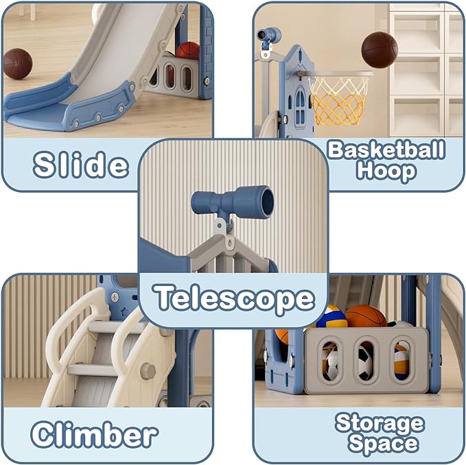 XJD 5 in 1 Toddler Slide, Kids Slide for Toddlers Age 1-3, Outdoor Indoor Playset for Toddlers with Basketball Hoop and Ball, Storage Space Christmas Birthday Gifts for Toddler (Blue)