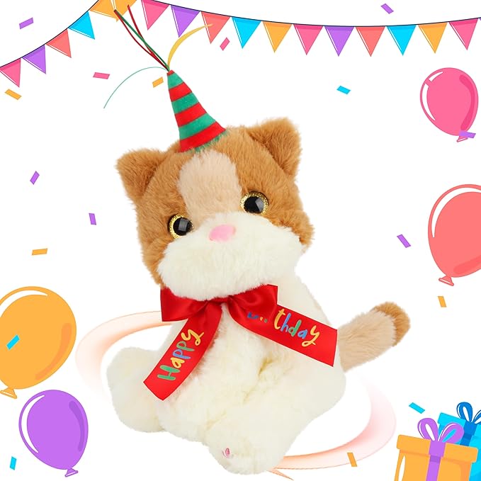 Cuteoy Musical Birthday Cat Repeat What You Say Interactive Animated Stuffed Animal Shaking Singing Dancing Turning Circle Kitten Plush Toy Electric Plushies Gifts for Kids Girls Boys Birthday