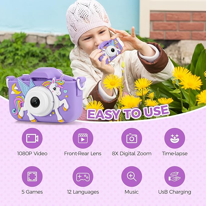 KANAD Kids Camera for 3-12 Year Old Girls, 1080P HD Digital Camera with 32GB SD Card, Shockproof & Easy-to-Use Toys for Camera, Christmas Stuffers Gifts for Kids, Encourage Creativity & Outdoor Play