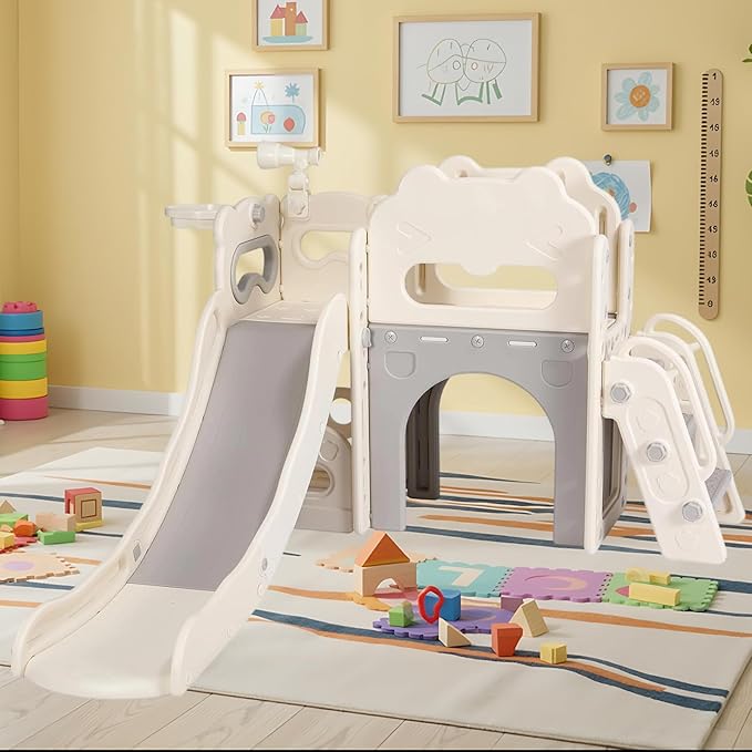 Arlopu 8 in 1 Toddler Slide Playset for Kids, Indoor Outdoor Baby Slide with Basketball Hoop, Telescope & Storage Space, Kids Playground Climber with Enclosed Steps (White Grey)