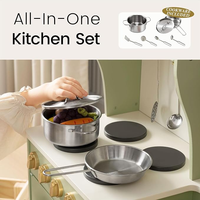 Tiny Land Play Kitchen for Kids with Enhanced Storage – Modern Toddler Kitchen Playset with Stove, Sink & Accessories, Organized Wooden Toy Kitchen, Ideal for Toddlers