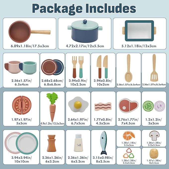 Lehoo Castle Wooden Play Kitchen Accessories, Play Pots and Pans Sets for Kids, Play Food Sets for Kids Kitchen, Montessori Food Toys for Toddlers 3-5, Gifts for Girls Boys