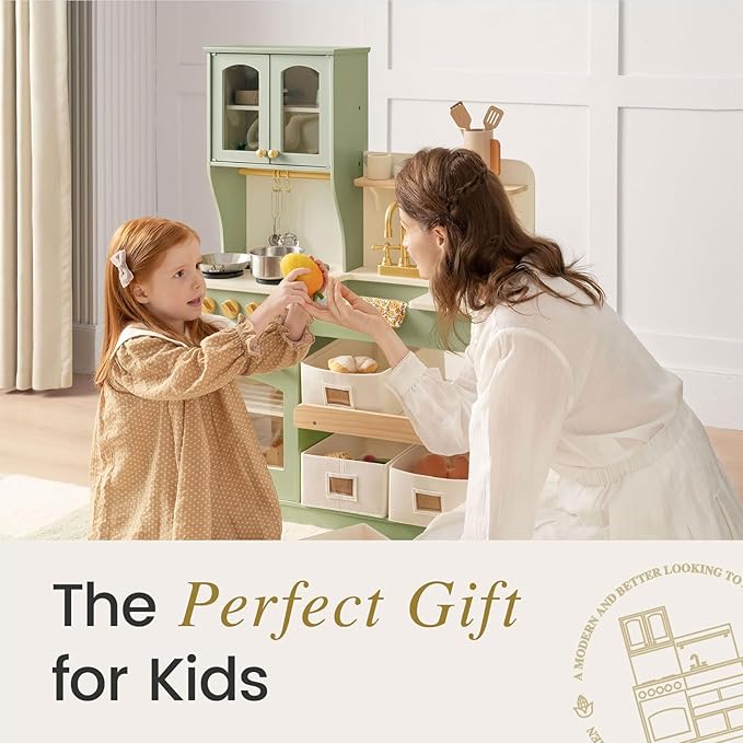 Tiny Land Play Kitchen for Kids with Enhanced Storage – Modern Toddler Kitchen Playset with Stove, Sink & Accessories, Organized Wooden Toy Kitchen, Ideal for Toddlers