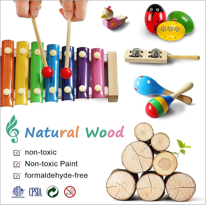 LOOIKOOS Toddler Musical Instruments,Wooden Percussion Instruments Toy for Kids Preschool Educational Musical Toys Set for Boys and Girls with Storage Bag