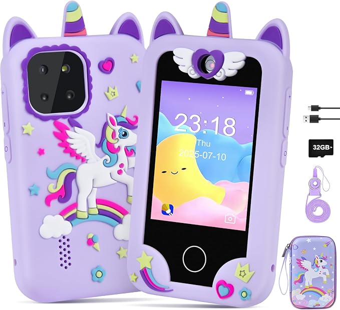 Kids Smart Phone for Girls, Kids Camera Toy Phone for Ages 3 4 5 6 8 Year Old, Christmas Birthday Gifts Toddler Cell Phone with Touchscreen, 44 Games, Music Player, 32GB Card & Bag Purple