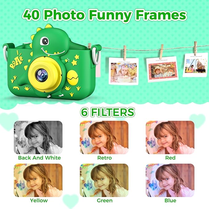 KANAD Kids Camera, Toys for Age 3-8 Year Old Boys, Stocking Stuffers for Kids, 1080P HD Selfie Digital Video Camera for Toddlers for Son - Green