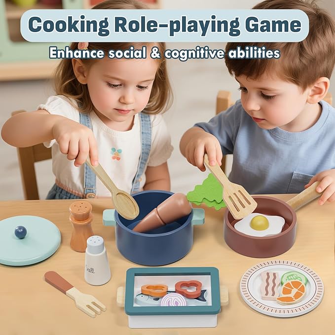 Lehoo Castle Wooden Play Kitchen Accessories, Play Pots and Pans Sets for Kids, Play Food Sets for Kids Kitchen, Montessori Food Toys for Toddlers 3-5, Gifts for Girls Boys