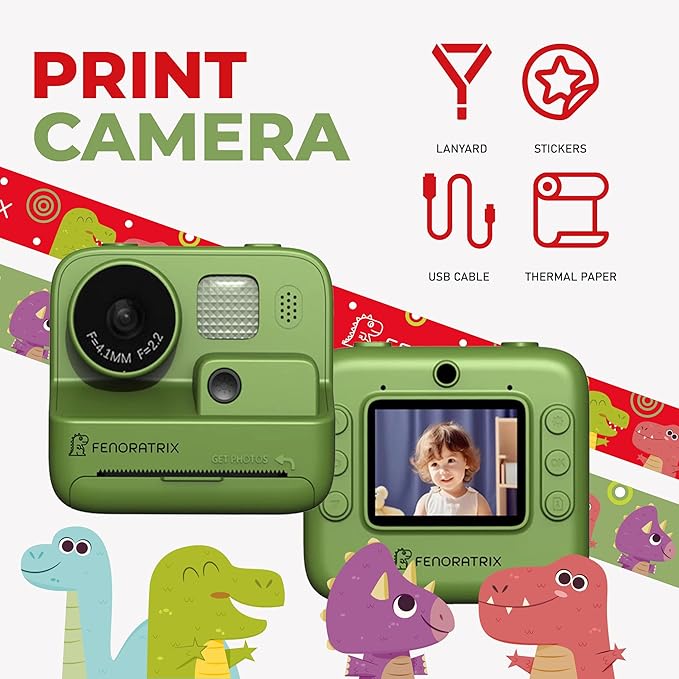 Instant Print Camera for Kids – No Ink Needed, 2.4" Screen, Selfie & 1080P Video, 10X Zoom, 3 Paper Rolls, Stickers & Markers, Fun Creative Gift for Boys & Girls Ages 3 4 5 6 7-12– FENORATRIX Green