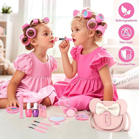 Kids Makeup Kit for Girls - 15 Pcs Real Washable Make Up Set - Non Toxic Toddlers Cosmetic with Letter Mouse Ear Purse - Dress up Birthday Gifts for 3 4 5 6 7 8 Years Old Girls - G