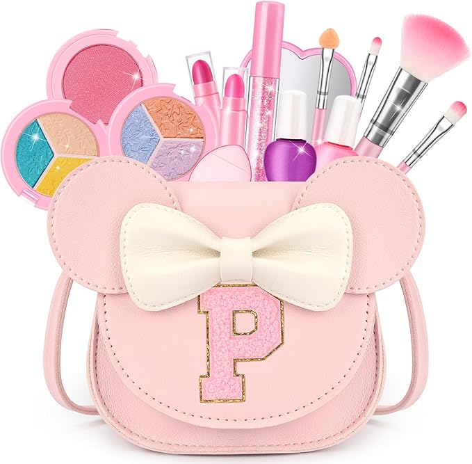 Kids Makeup Kit for Girls - 15 Pcs Real Washable Make Up Set - Non Toxic Toddlers Cosmetic with Letter Mouse Ear Purse - Dress up Birthday Gifts for 3 4 5 6 7 8 Years Old Girls - P