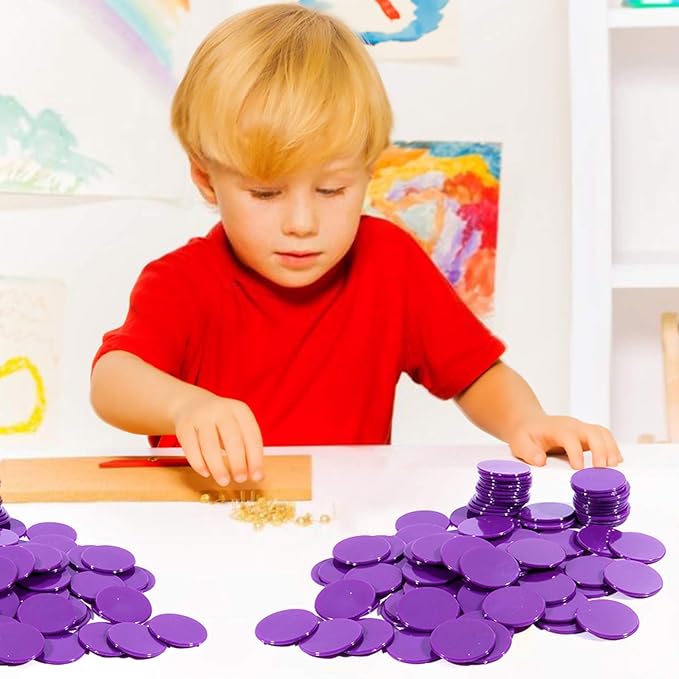 Coopay 1-1/5 inch Plastic Learning Counters Disks Bingo Chip Counting Discs Markers for Math Practice and Poker Chips Game Tokens, 200 Pieces(Purple)