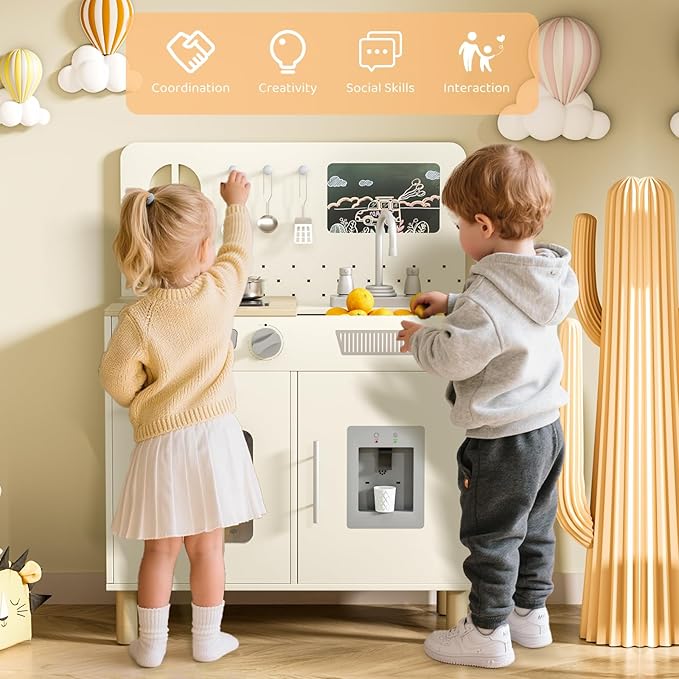 MAMIZO Play Kitchen for Kids, Pretend Playset with Blackboard & Realistic Lights & Sounds, Ultimate Interactive Wooden Kitchen with Knob Sounds, Sink, Water Dispenser, 6 Pcs Cookware for Ages 3+,Cream