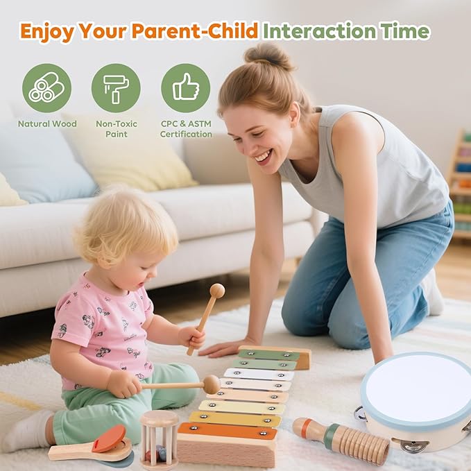 Baby Musical Instruments Set, Montessori Wooden Toys for Toddlers 3+, Neutral Colors Percussion Instruments with Xylophone, Maracas & Tambourine for Kids Preschool Educational and Birthday Gifts