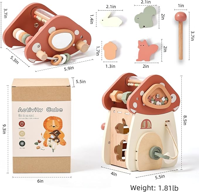 Youuys Wooden Activity Cube - 11-in-1 Montessori Toys for 1+ Year Old Boys & Girls, Multipurpose Educational Sensory Toys for Toddler, First Birthday Gift, Busy Board Toys for 18 Months (Mushroom)