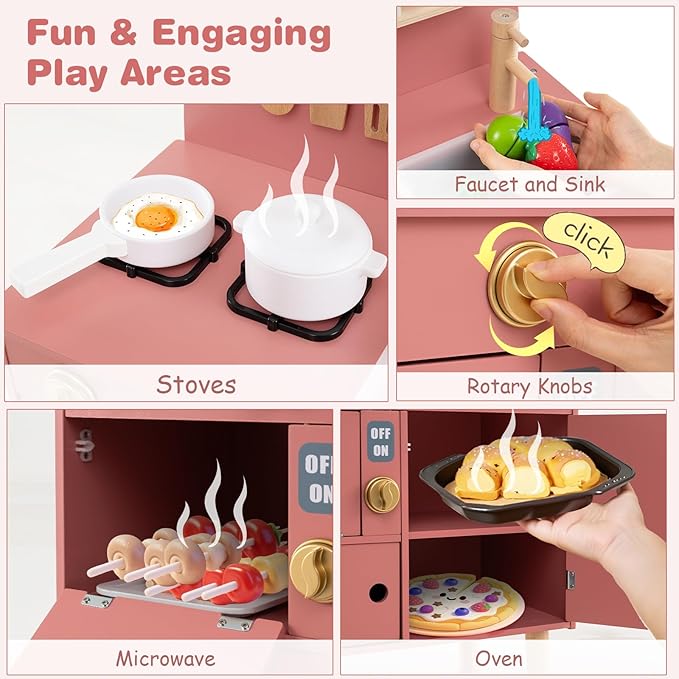 Costzon Kids Kitchen Playset, Little Chef Pretend Play Kitchen w/Stoves, Faucet, Sink, Microwave, Cabinet, Oven & Cooking Accessories, Wooden Play Kitchen for Kids 3+ Years Old (Pink)