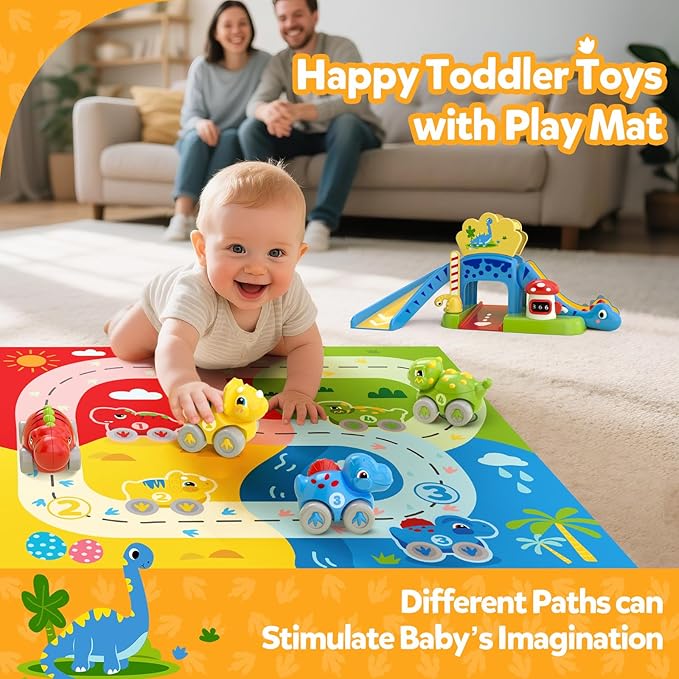 Toddler Toys for 1 2 Year Old Boy Gifts - Educational Dinosaur Slide Set with 4 Color/Number Push Cars and Playmat, Montessori Learning Toy for Baby 12-18 Months,1st Birthday Present Ages 1-2,Primrose