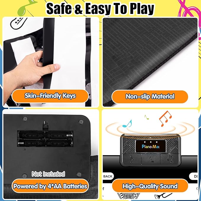 TWFRIC 6ft. Piano Mat with 24 Keys & 10 Demos & 8 Musical Instruments Sounds & 4 Play Modes, Giant Dance Floor Piano Music Play Mat 71'' Large Interactive Musical Toys Gifts for Kids Adults Toddlers