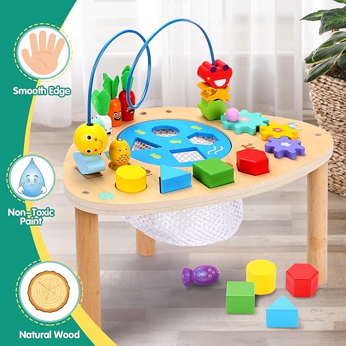 wingyz Activity Table for 1+ Year Old, 6 in 1 Wooden Montessori Activity Center Play Table with Bead Maze Shape Sorter Fishing Game, Kids Sensory Educational Toddler Learning Toys