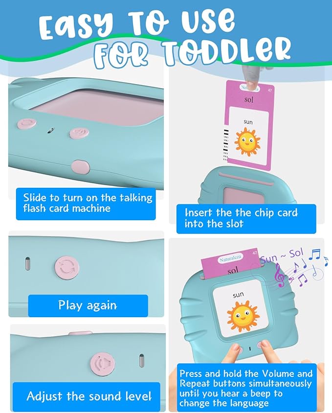 510 Words Spanish English Bilingual Talking Flash Cards for Toddlers 1-3, Pocket Speech Learning Montessori Toys for Kids, Sensory Therapy Preschool Educational Christmas Birthday Gifts for Boys Girls