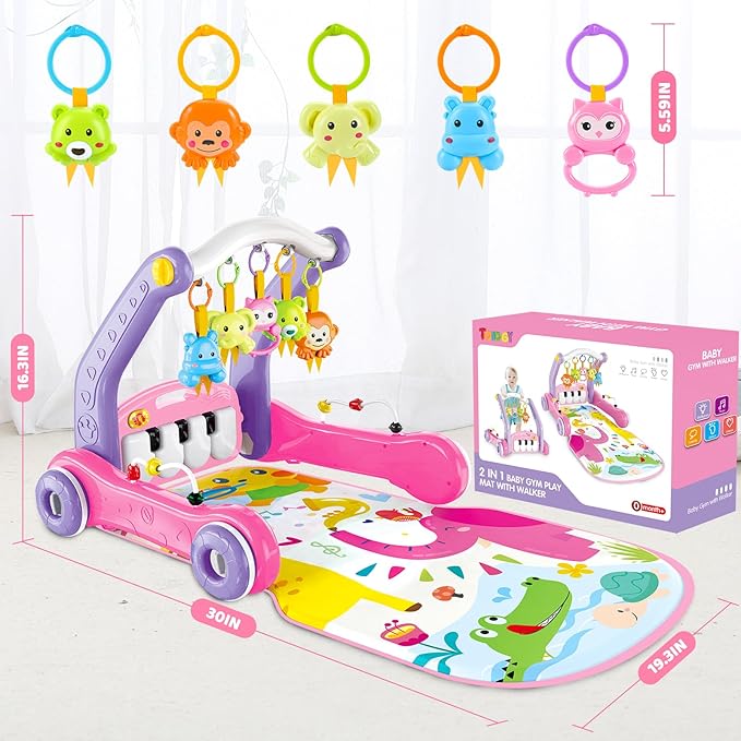 4-in-1 Baby Gym Play Mat with Learning Walker, Tummy Time Mat & Baby Push Toys for Newborn Infant 0-3-6-9-12 Month Boy Girl, Babies Activity Center with Play Piano & Lights, Ideal Toddler Babies Gifts