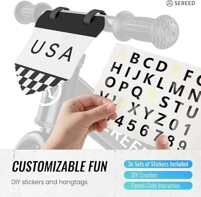 SEREED Toddler Balance Bike 2 Year Old, No Pedal Kids Bicycle Toys for 2-5 Years Old, Tool-Free Adjustment, Customize Plate with Stickers, Gift for 2-3 Boys Girls (Black Lighting)