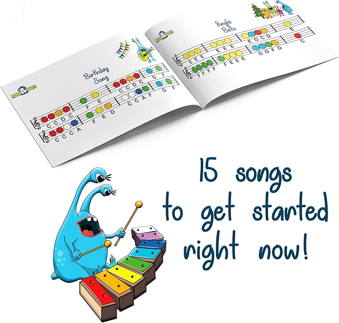 MINIARTIS Glockenspiel Xylophone | Educational Music Toys for Toddlers | 8 Notes Colorful Resonator Bells for Kids with 15 Songbook & Green Case | Great Birthday Gift for Children