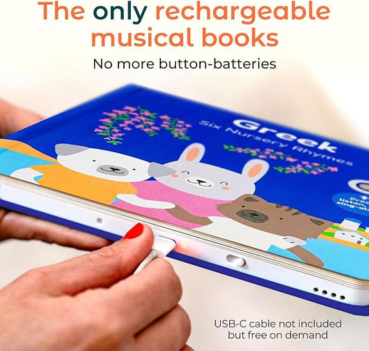 Cali's Books Greek Nursery Rhymes - Bilingual Children's Books, USB C Rechargeable, Interactive Musical Book for Baby, Toddlers, Bilingual Baby Books, Greek for Kids