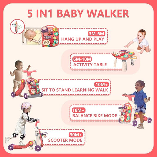 QDRAGON 5 in 1 Walker for Baby Girl, Baby Push Walkers, Assemble as Scooter/Motorbike/Activity Center/Detachable Panel, Walking Toys for Infants 6-12 Months, Red