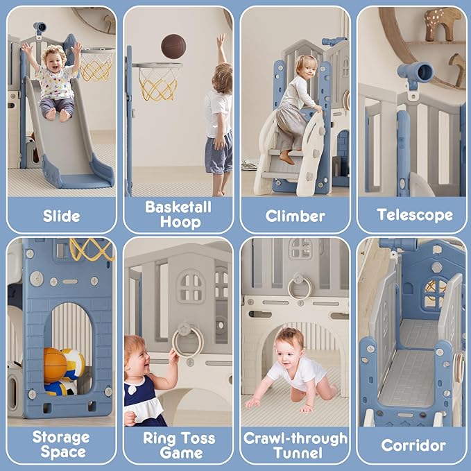 KORIMEFA 7-in-1 Toddler Slide & Climber Playset with Basketball Hoop, Ring Toss, Telescope Indoor/Outdoor Activity Center for Kids 1-3 Years Blue