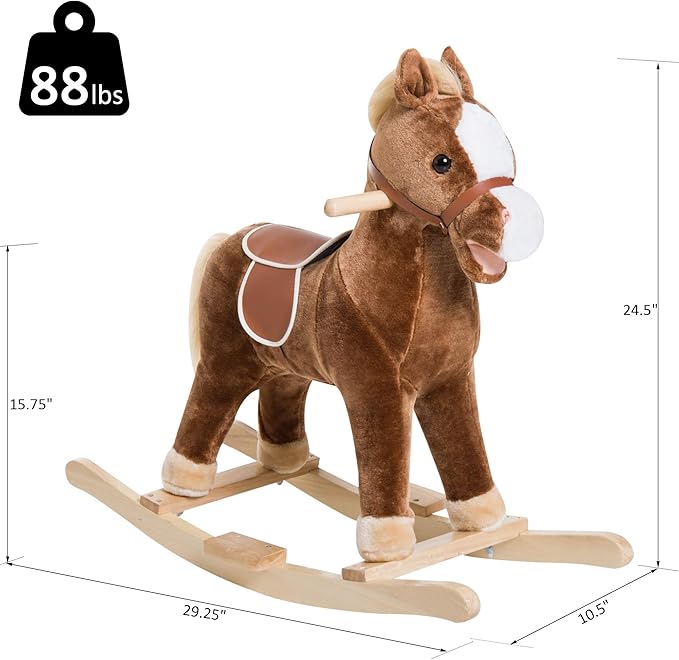 Qaba Kids Plush Toy Rocking Horse Ride on with Realistic Sounds - Brown