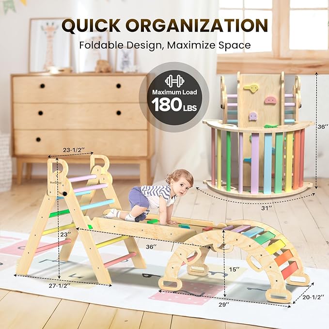BlueWood Pikler Triangle Set, Toddler Climbing Toys Indoor, 7in1 Foldable Baby Climbing Toys- Rainbow